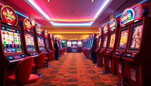 Kode4d slot games display in a vibrant online gaming casino atmosphere, showcasing colorful machines and a friendly environment.