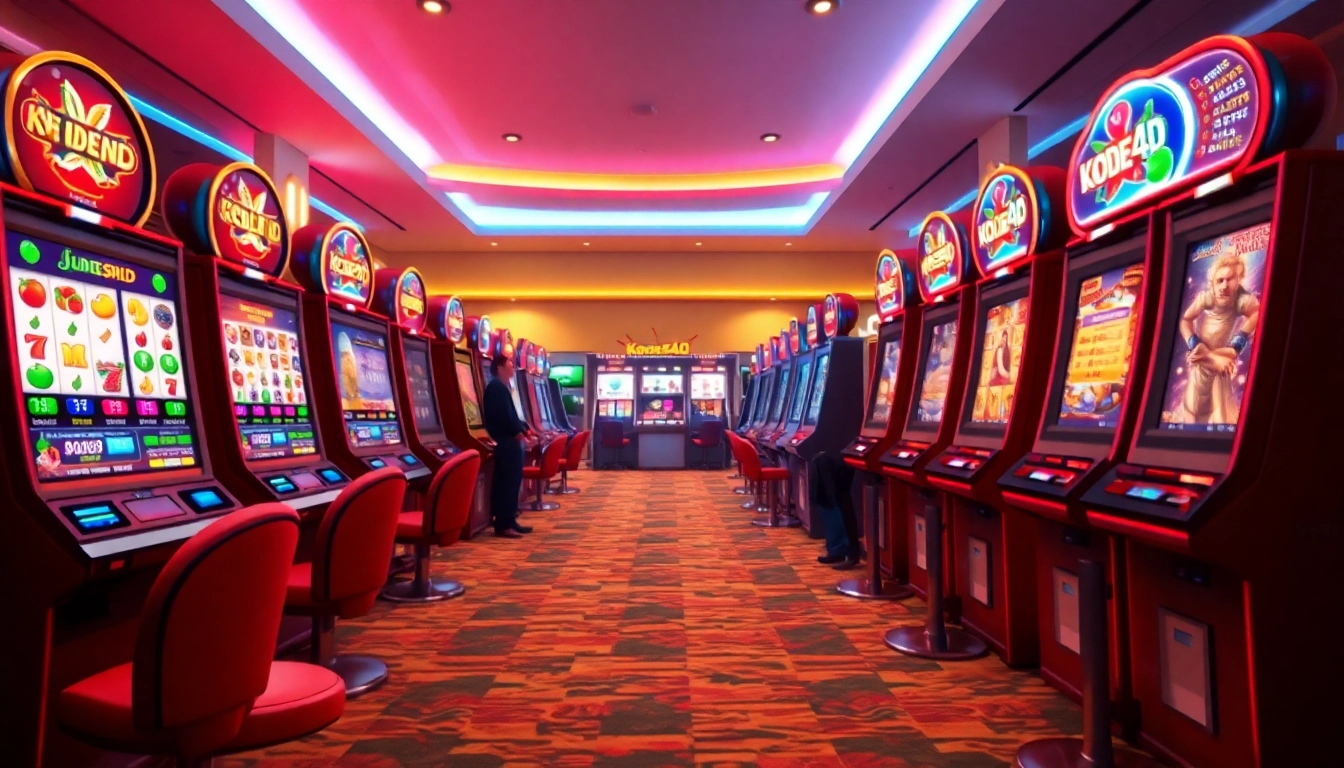 Kode4d slot games display in a vibrant online gaming casino atmosphere, showcasing colorful machines and a friendly environment.