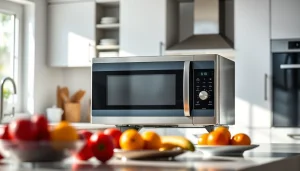 Experience the functionality of a modern microwave oven in a beautifully designed kitchen setup.