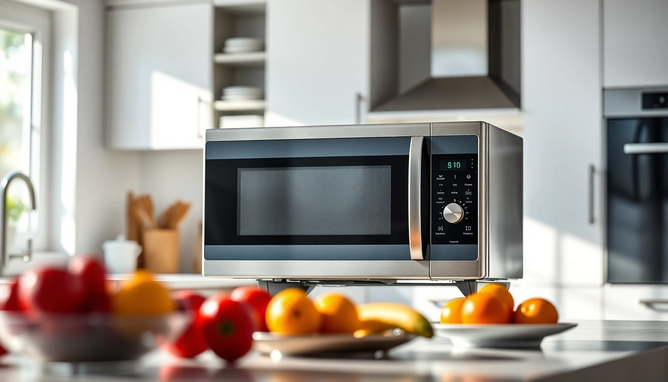 Experience the functionality of a modern microwave oven in a beautifully designed kitchen setup.