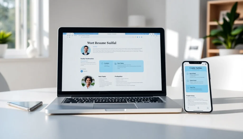 Create a standout resume with our intuitive Resume Builder showcased on a modern laptop.