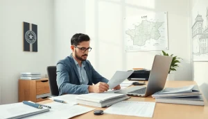 Traducteur assermenté à Lille travaillant avec diligence dans un bureau professionnel, présentant des documents et outils de traduction.