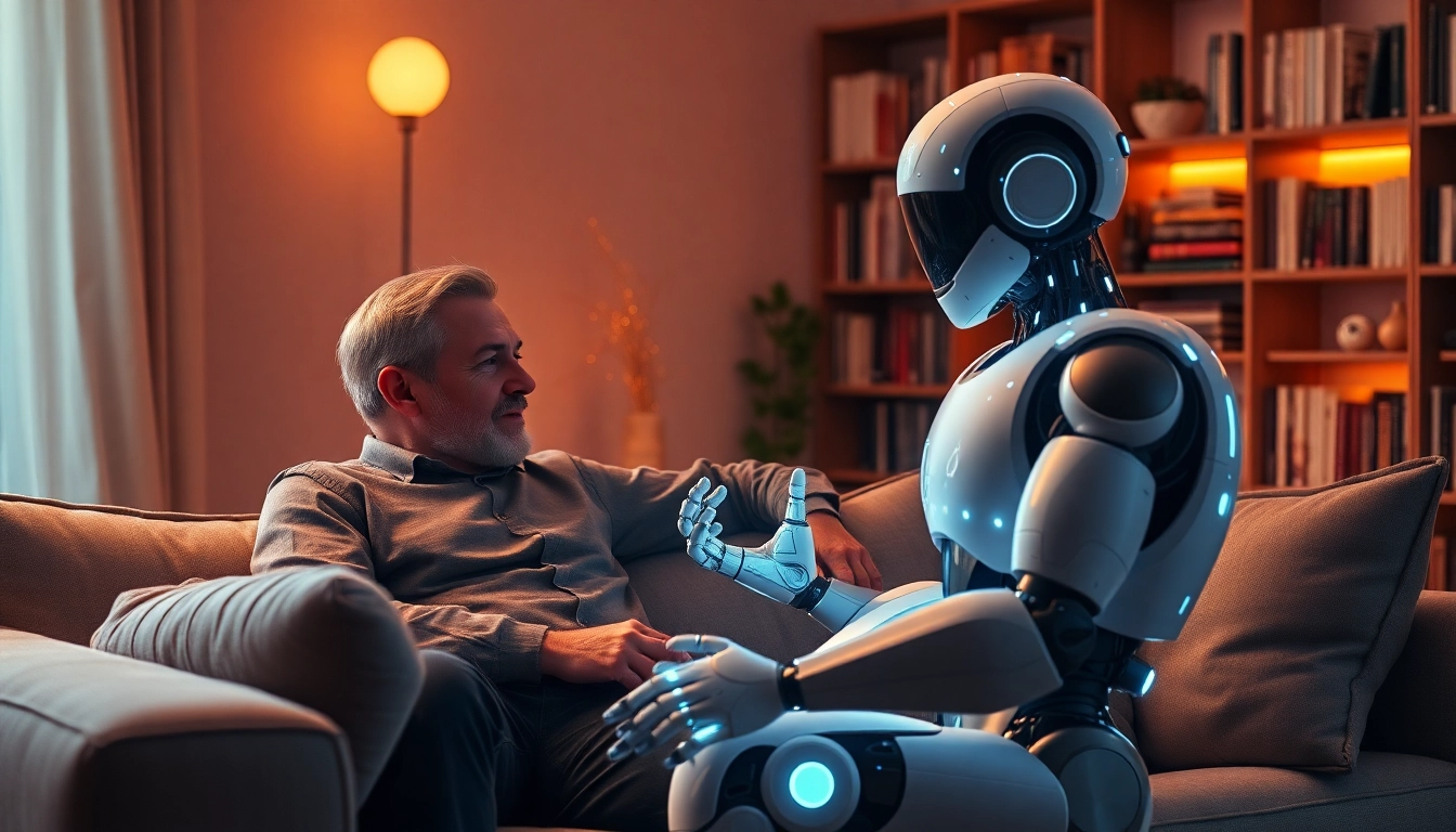 AI sex bot engaging in conversation with a user in a cozy, futuristic setting.
