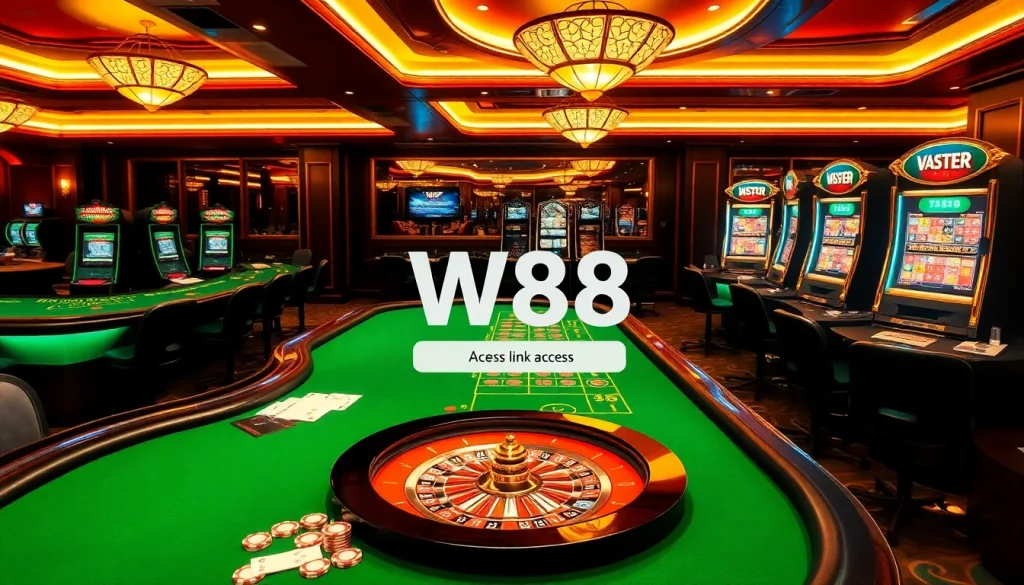 Tham gia trò chơi cược ở mức cao với liên kết truy cập W88, thể hiện các yếu tố casino sang trọng.