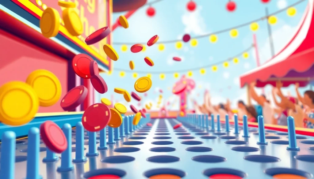 Permainan plinko menampilkan chip berwarna cerah yang jatuh di papan peg Plinko.