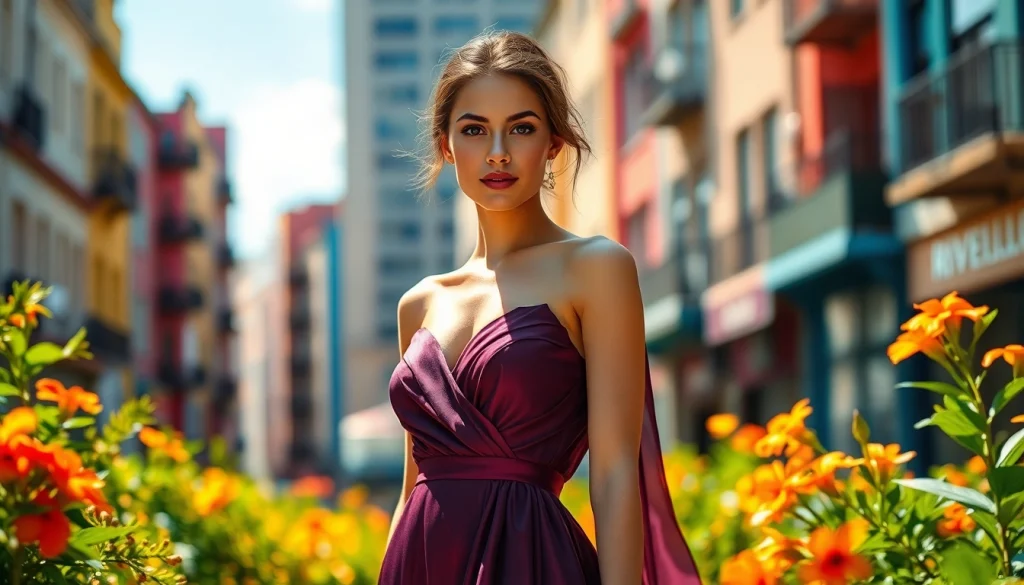 Rivelle fashion model showcasing elegance against a vibrant city backdrop.
