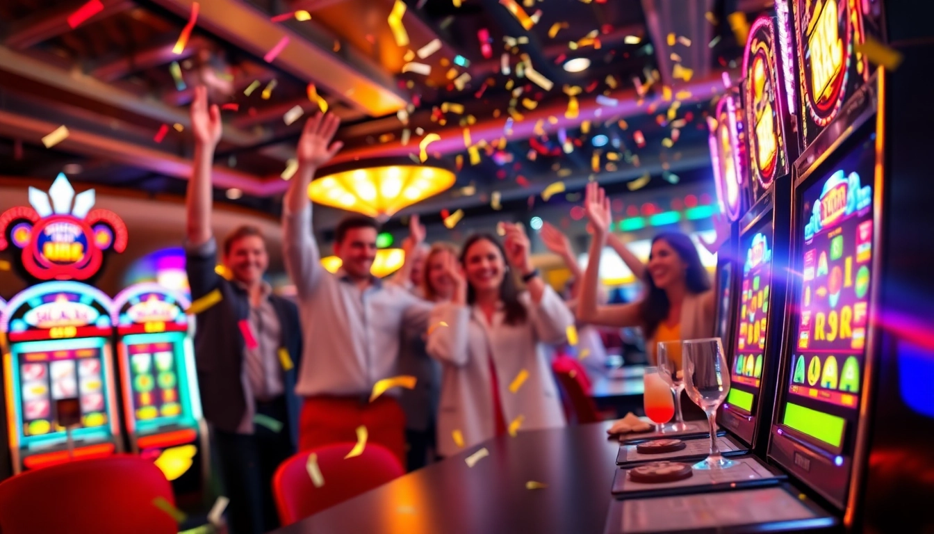 Memenangkan slot pulsa pada mesin slot yang bersinar di kasino yang ramai.