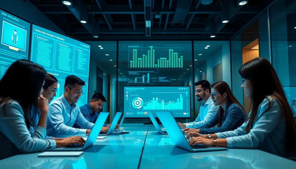 Contact data verification process in a modern office setting with diverse professionals using technology.