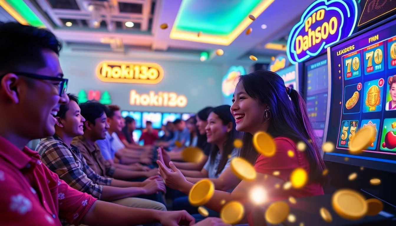 Engaging online gaming scene showcasing hoki138 pro with vibrant slot games and diverse players.