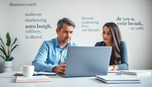 Engaging business coaching service session between a coach and entrepreneur in an inspiring setting.