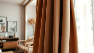 Gordijnstof in een stijlvolle woonkamer, perfect voor het creëren van een gezellige sfeer.