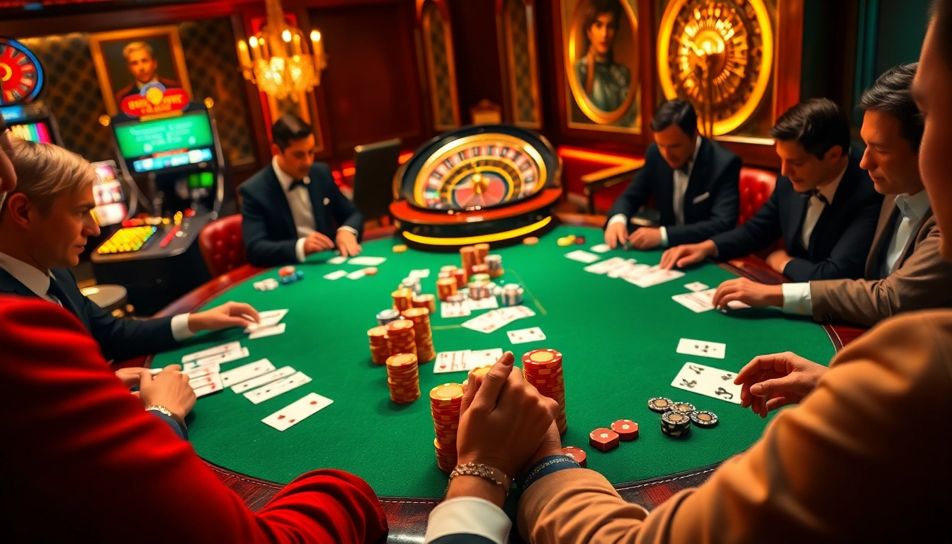 Experience high-stakes excitement at https://kk55.global/ with a vibrant poker table and elegant players engaged in the game.