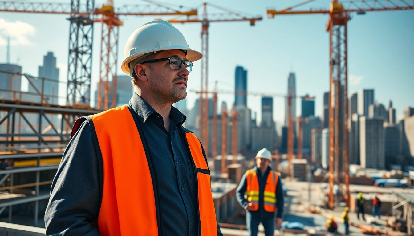 New York City Construction Manager engaged with a team on a bustling construction site.