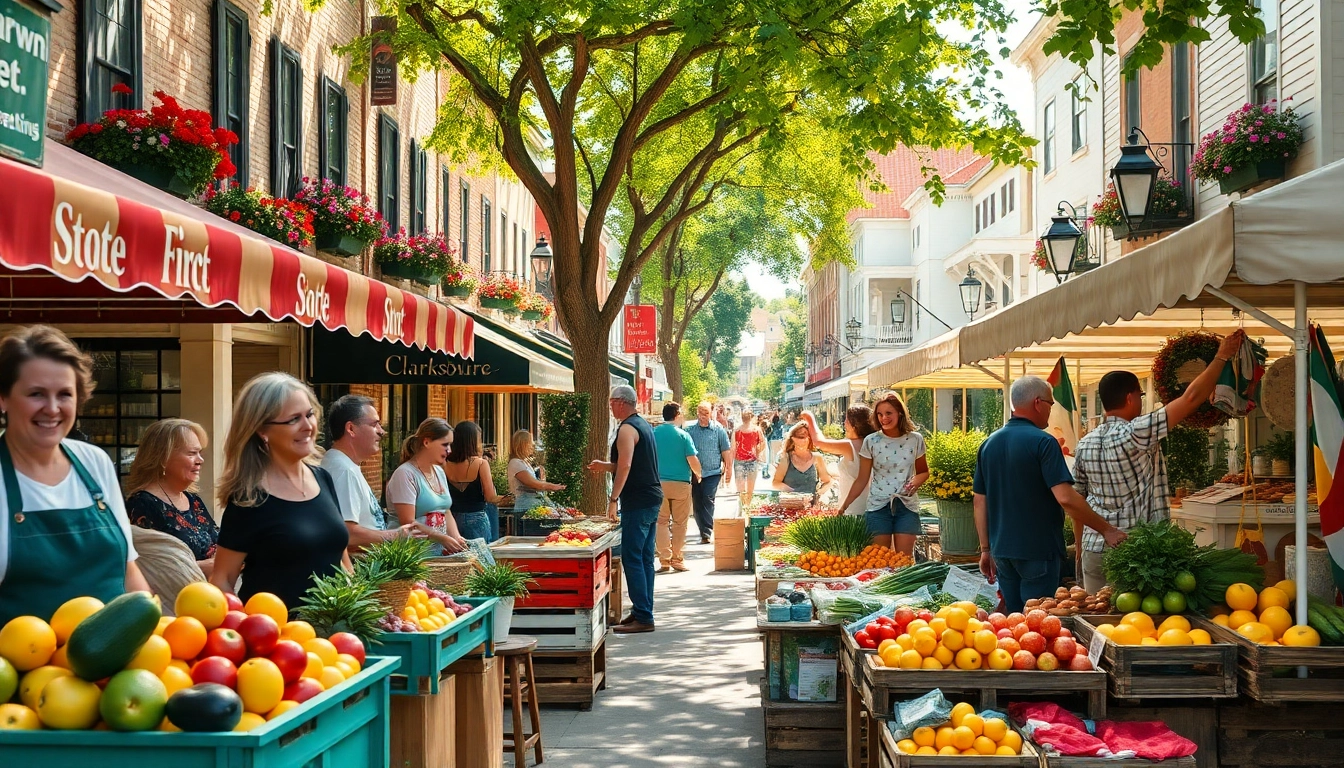 Clarksburg farmers market bustling with activity and colorful produce stalls.