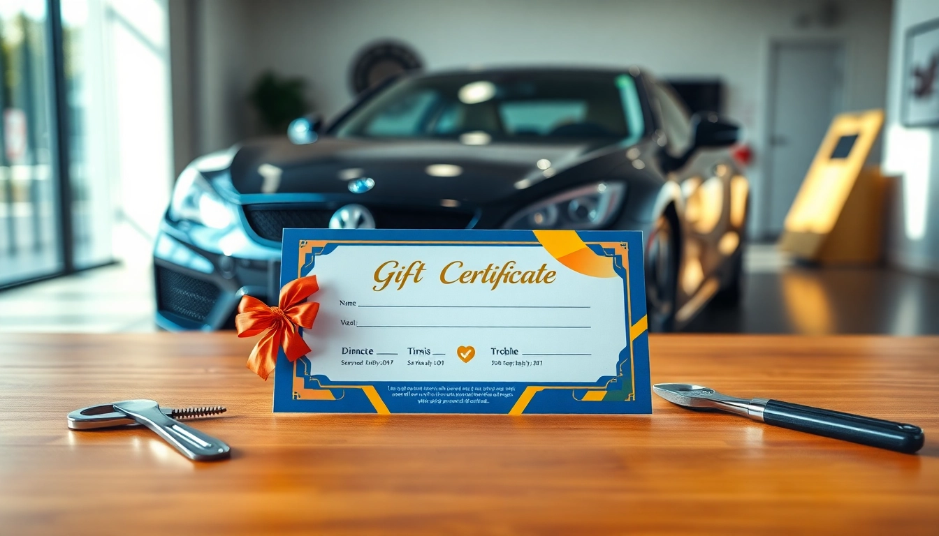 Gift certificate for car detailing elegantly displayed with tools and a spotless car in the background.