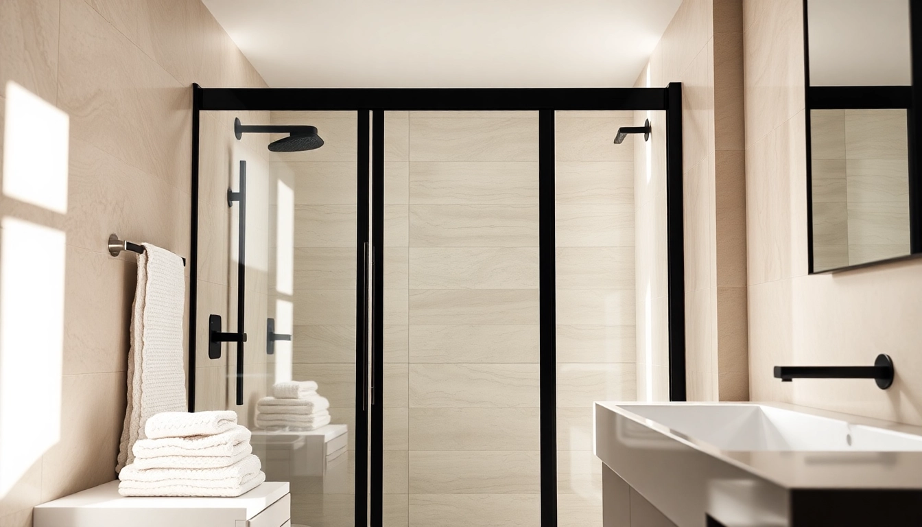 Modern shower door black frame accentuated in a stylish bathroom setting with elegant design elements.
