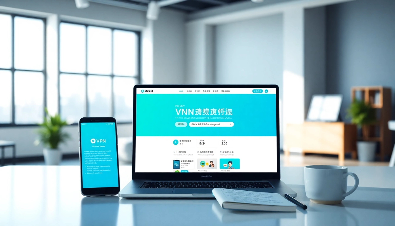 现代笔记本电脑上展示的快连官网界面，位于简洁的办公室环境中，象征专业的 VPN 服务。