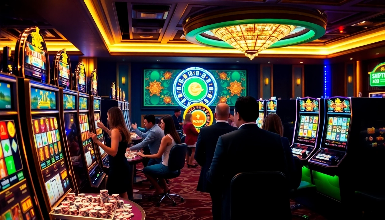 Para pemain menikmati slot deposit pulsa tanpa potongan di kasino yang meriah merayakan kemenangan besar.