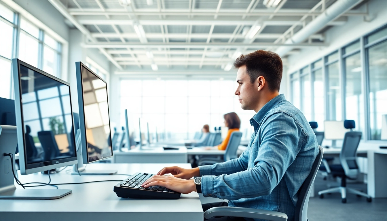 Engaging environment in a typing center showcasing modern equipment and professional setup.