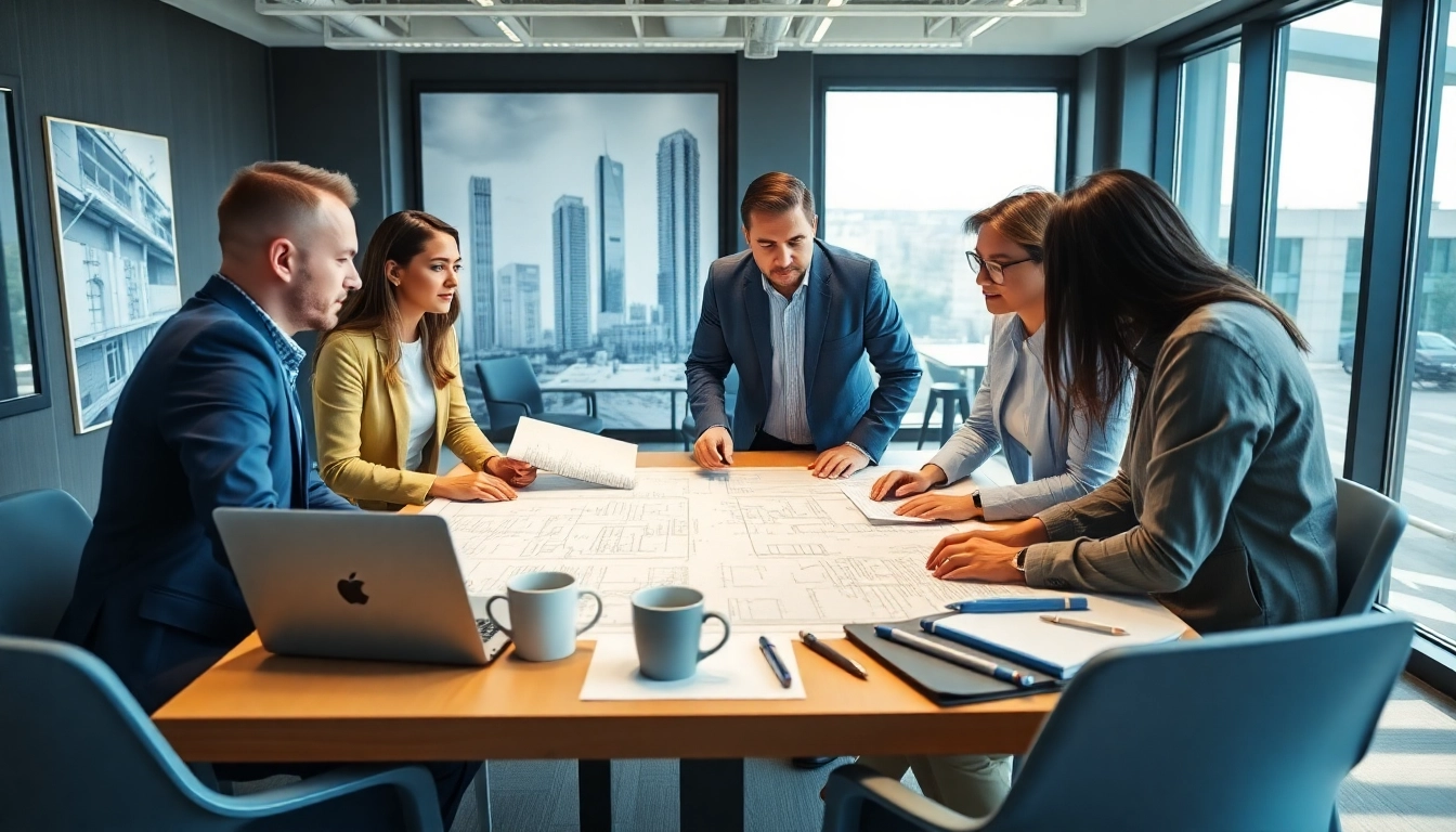 Engaged professionals in construction advocacy carolinas discussing project plans in a bright office.