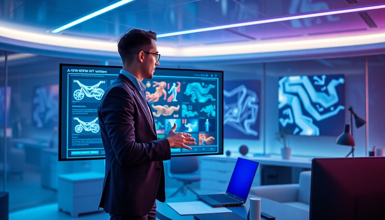 Professional scene of an AI NSFW image generator in a modern workspace, showcasing digital art creation.