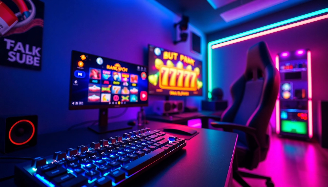 Slot deposit 1000 dalam pengaturan gaming modern yang cerah dan berenergi.