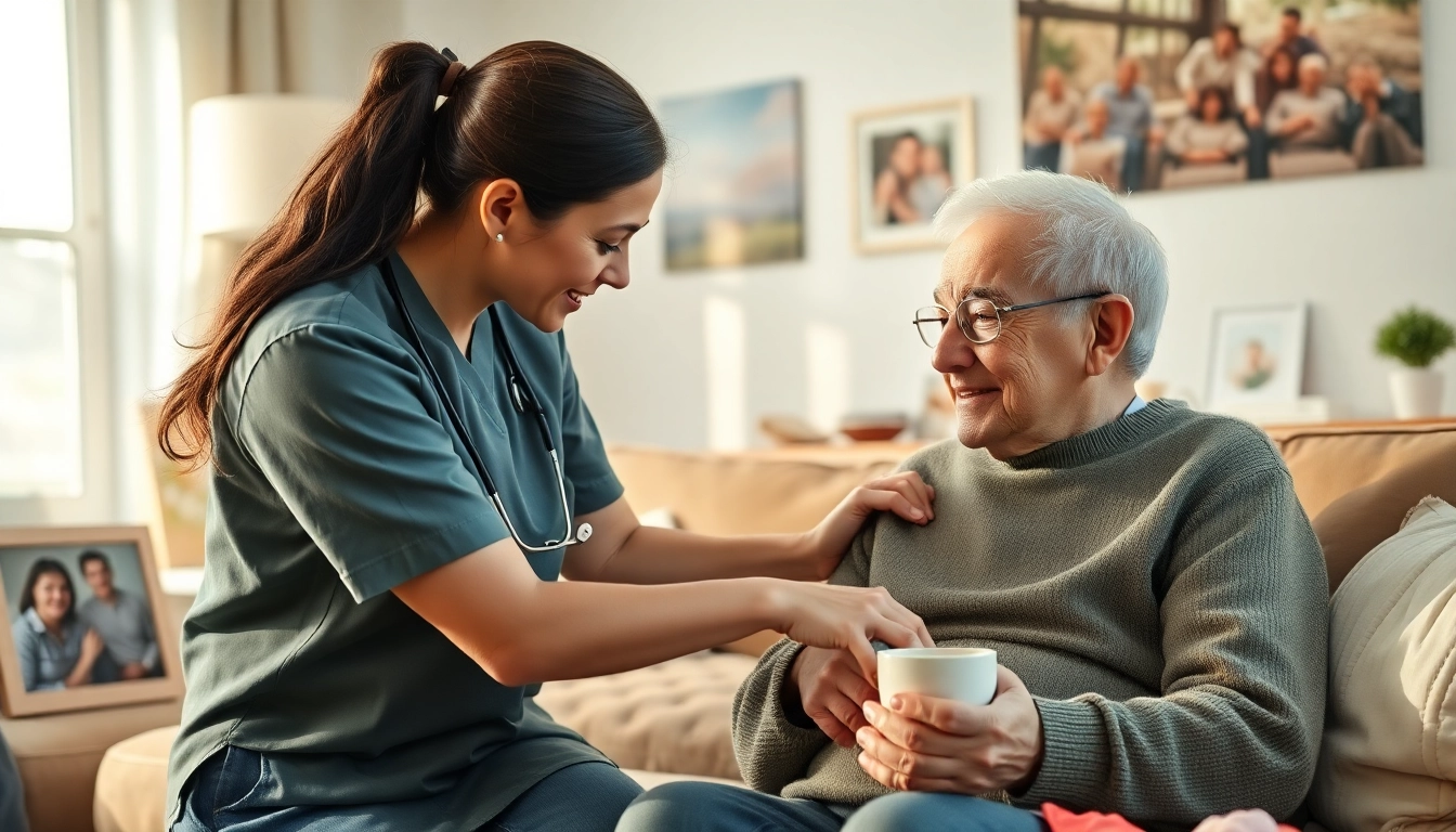 Engaging austin senior home care with compassionate caregiver supporting an elderly client in a cozy environment.