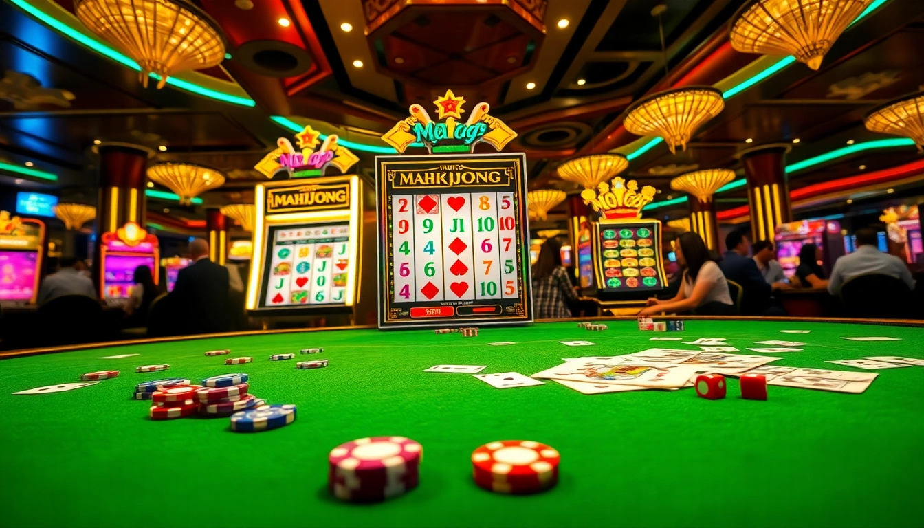 Engage with the thrilling slot demo mahjong at a vibrant casino, featuring colorful mahjong designs and lively gamblers.