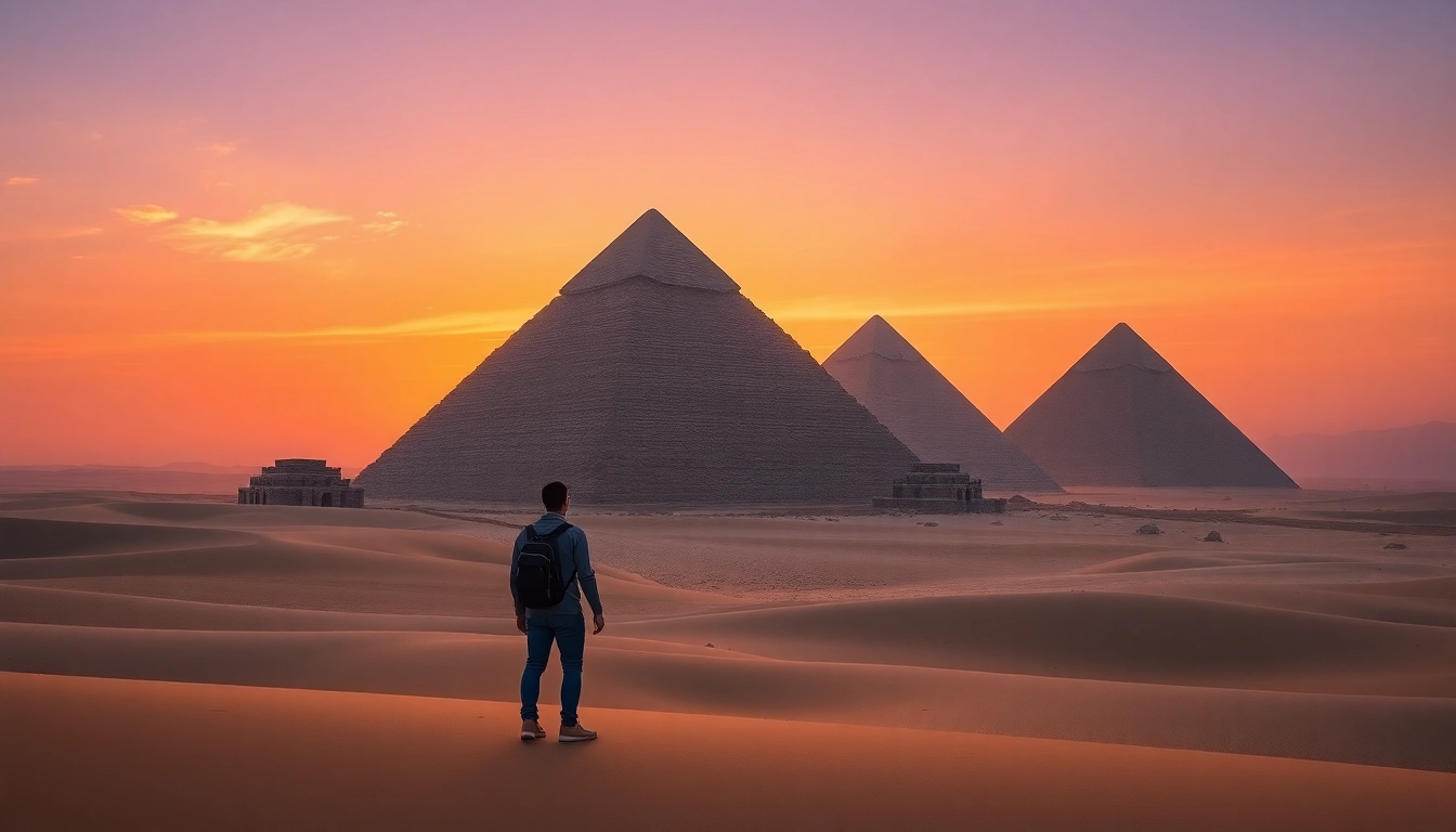 Capture the majesty of piraminds towering under a sunset in the Egyptian desert.