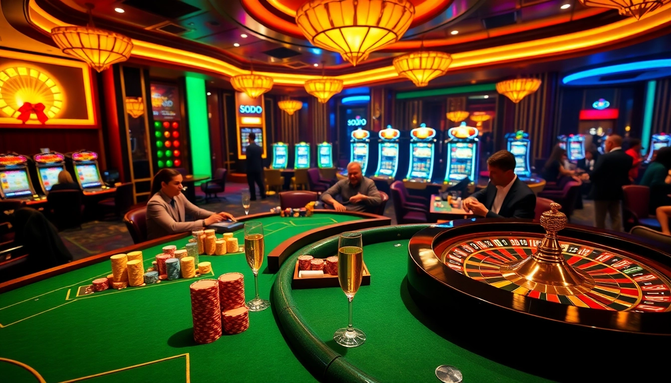 SODO CASINO vibrant gaming scene with poker tables, chips, and spinning roulette wheel.