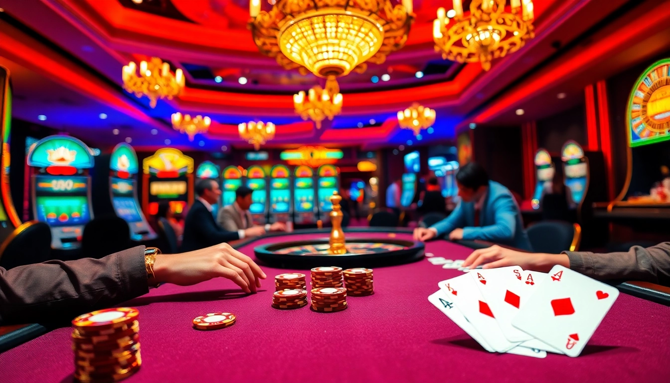 Exciting casino scene showcasing players at a table game while engaging with link vào yo88 for an immersive experience.