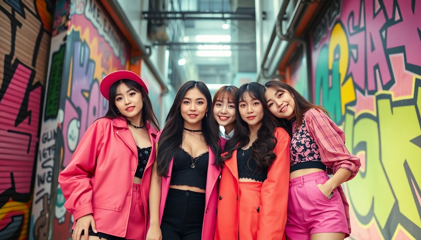 A vibrant view of BLACKPINK members celebrating their diverse styles and talents in a lively urban space.