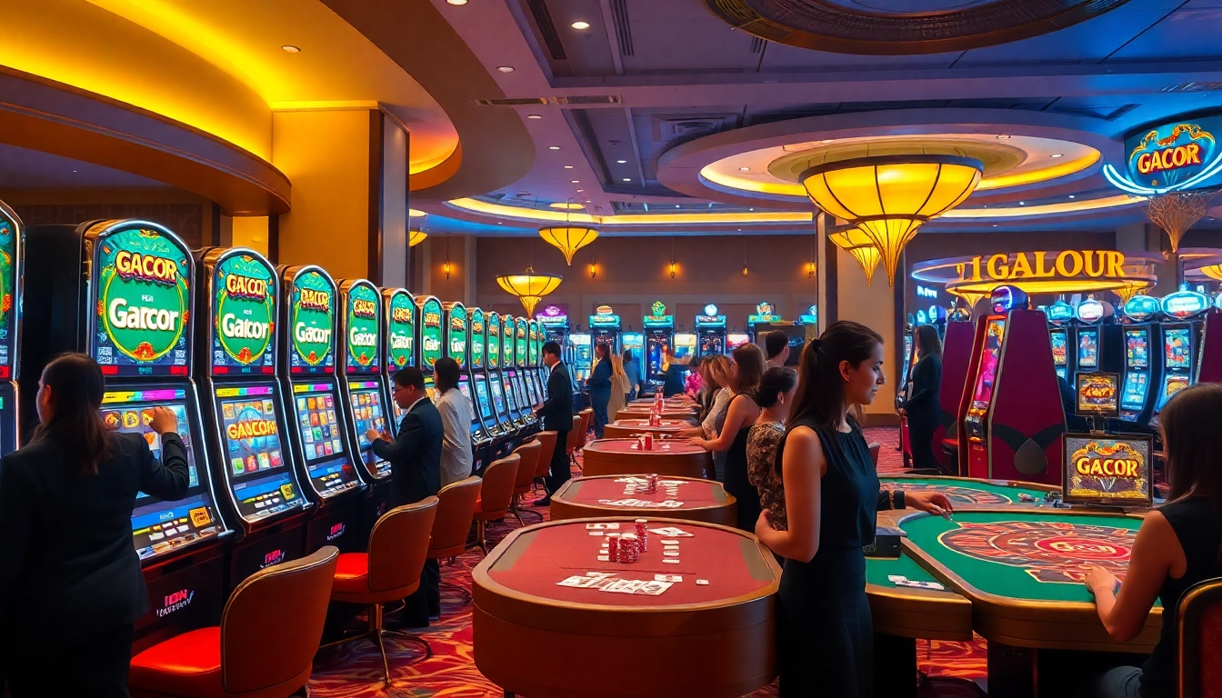 Exciting IDN slot gaming scene in a vibrant casino, featuring colorful machines and players enjoying the game.