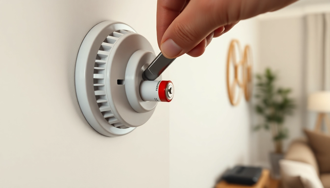 Install a smoke detector battery in a modern home to enhance safety and security.
