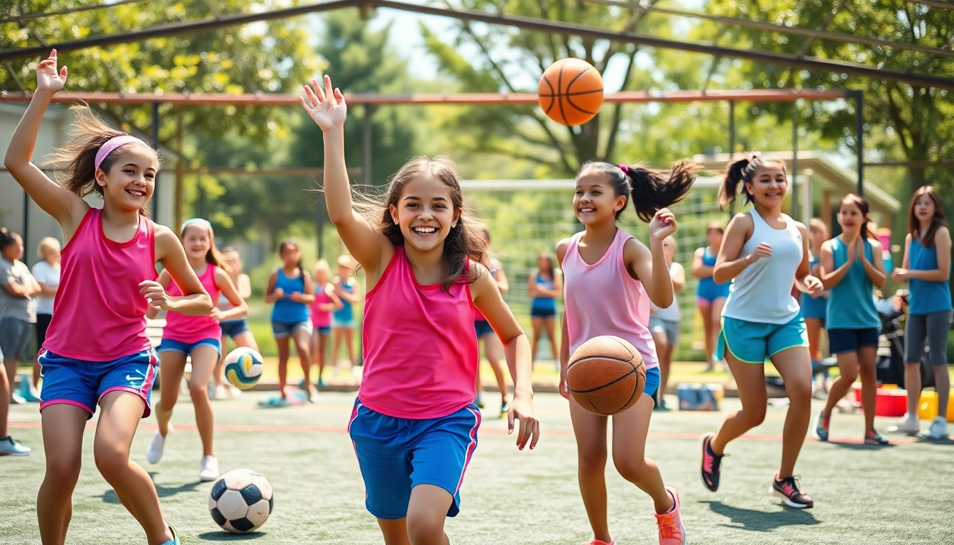 Girls participating in Multi Sports Camps for Girls, showcasing teamwork and athleticism in vibrant outdoor settings.