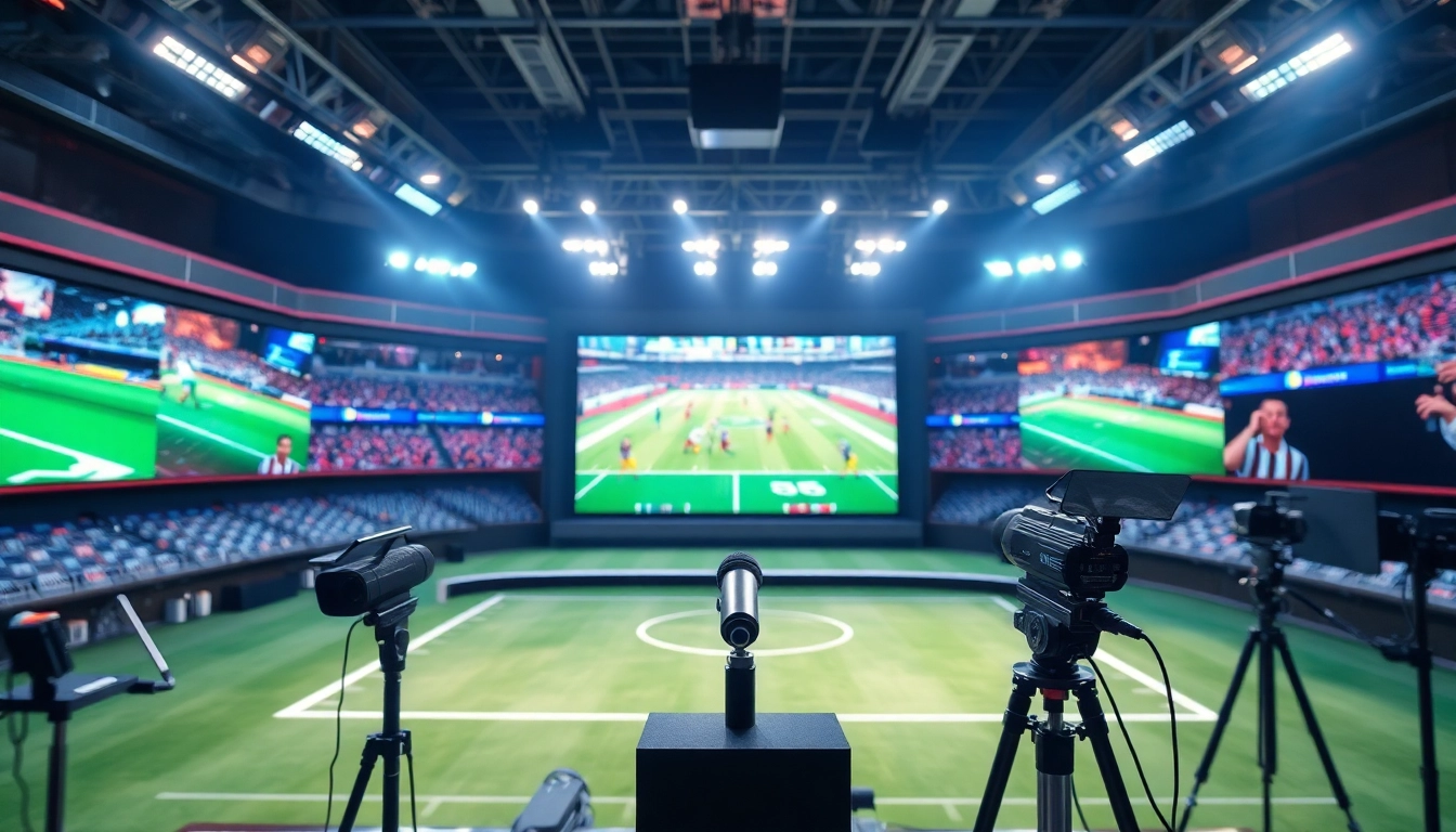 Engaging view of sports broadcasting with live events displayed on a large screen.