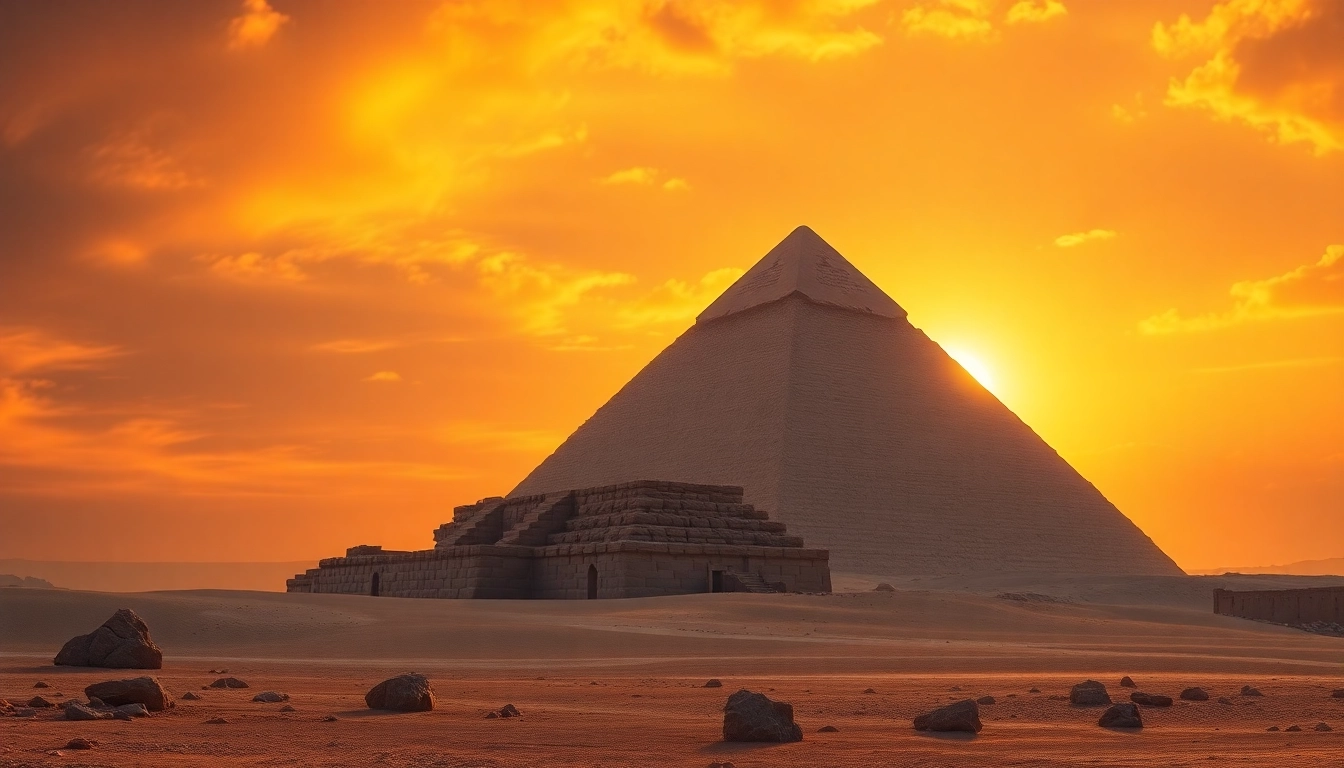 Visitors admiring the ancient piraminds against a stunning sunset in the Egyptian desert.