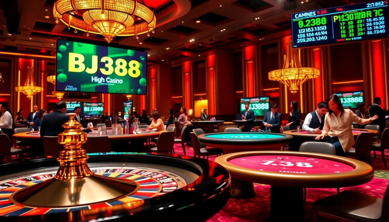 Experience BJ388's excitement with a luxurious casino scene featuring roulette and poker tables.