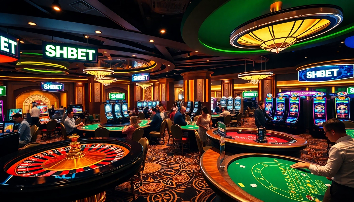 Players enjoying a thrilling game experience at SHBET casino, engaging with tables and slot machines.