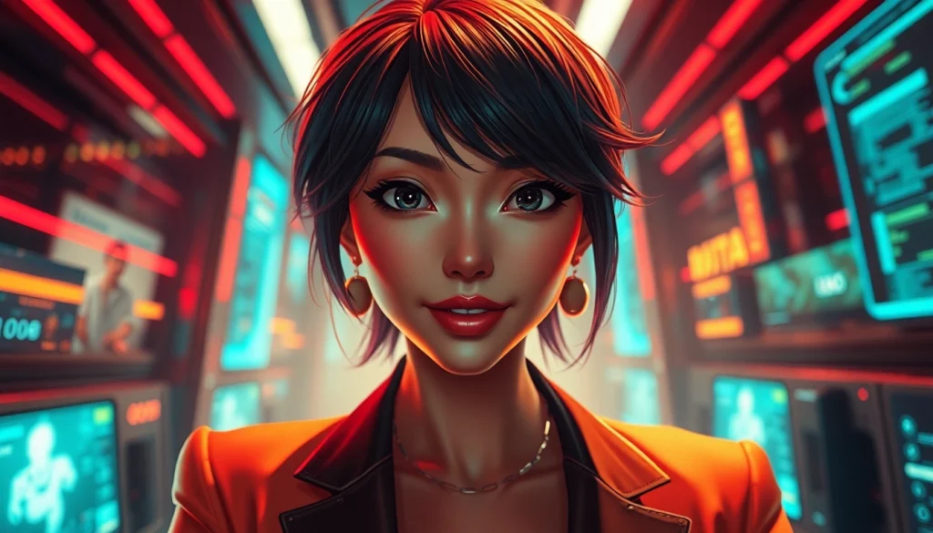 Engaging NSFW character in a vibrant, tech-savvy environment, embodying charm and confidence.