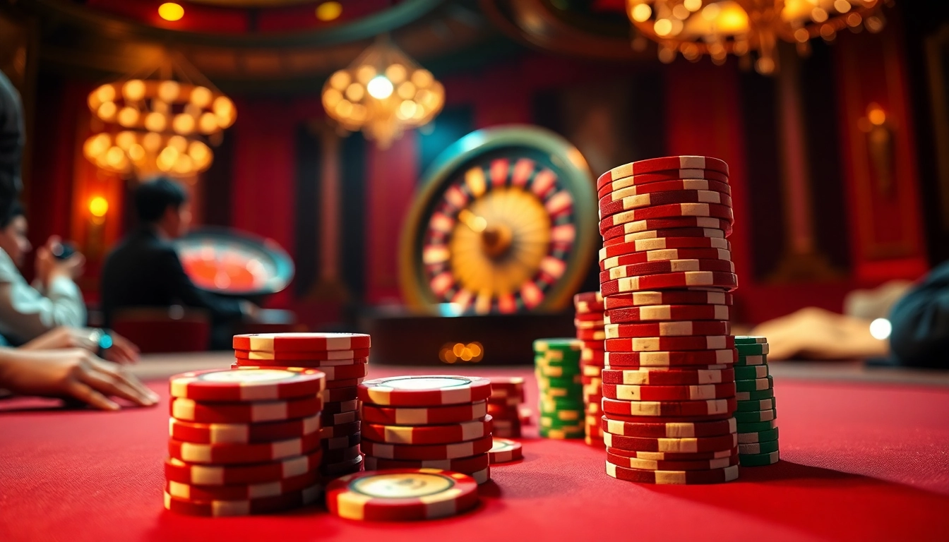Engage in thrilling gameplay at the casino featuring link vào fa88 with vibrant poker chips and a roulette wheel.