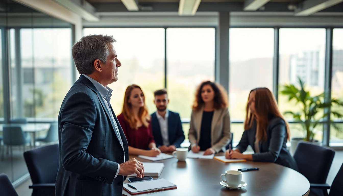 Engaged team participating in a business coaching service led by a professional coach.
