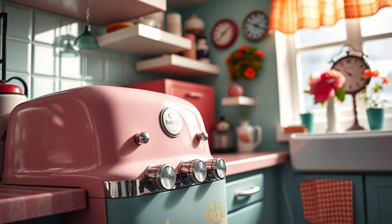 Bright retro appliance in a vintage kitchen setting with warm lighting and charming decor.