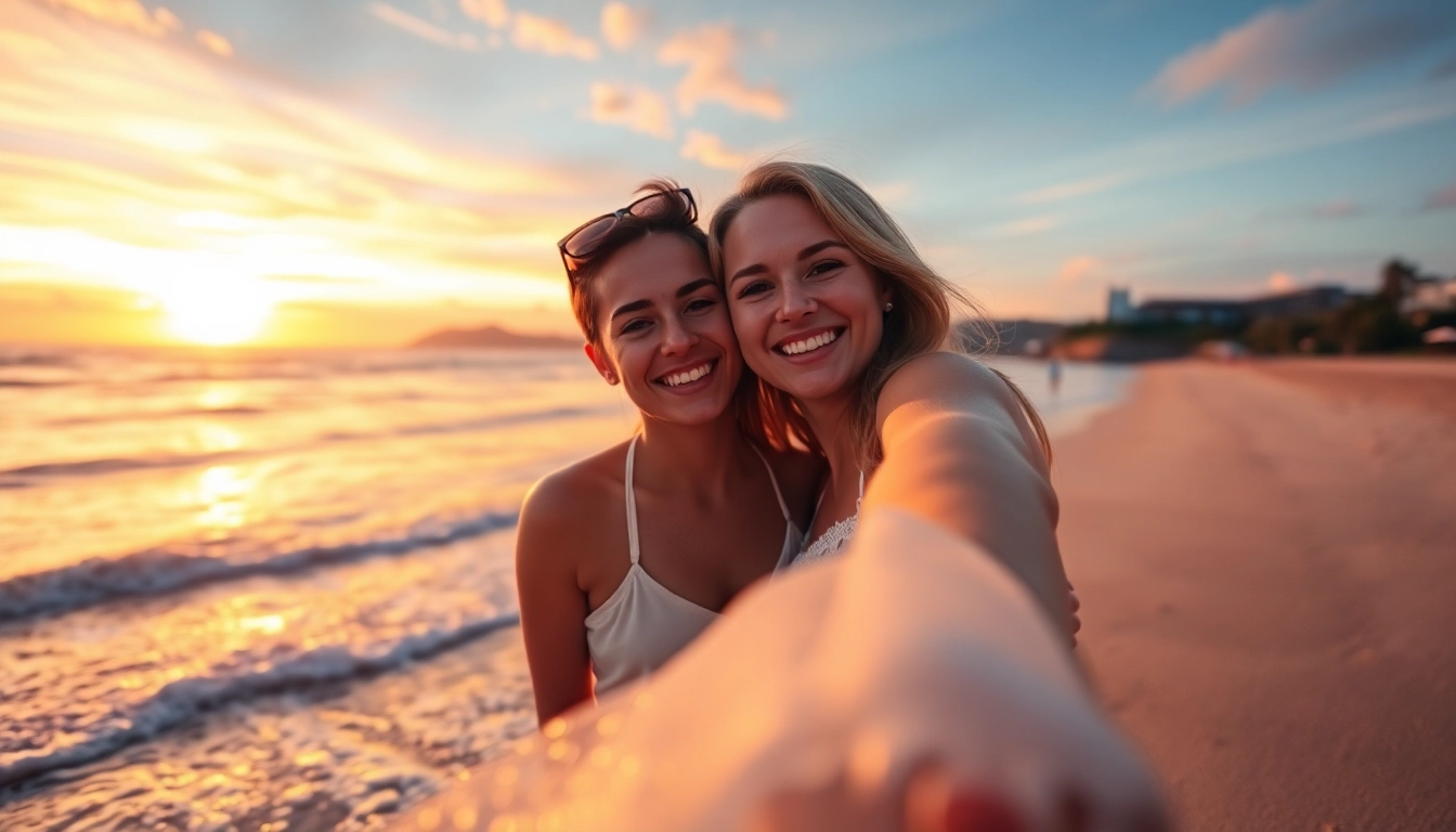 Destination photographer capturing a couple against a stunning sunset backdrop on the beach.