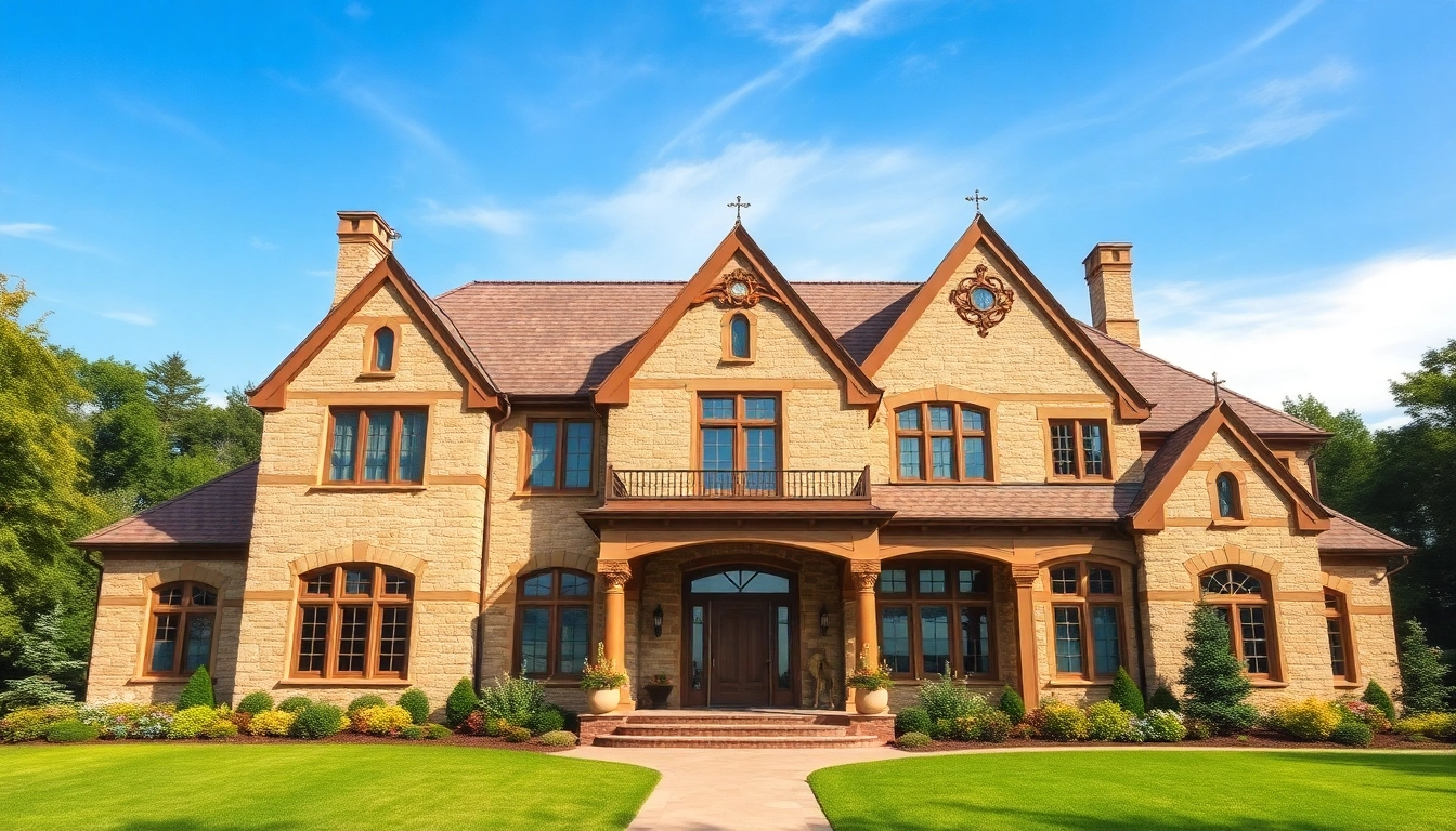Showcasing the elegant Wellesley Tudor Expansion with intricate stone details and landscaped gardens.