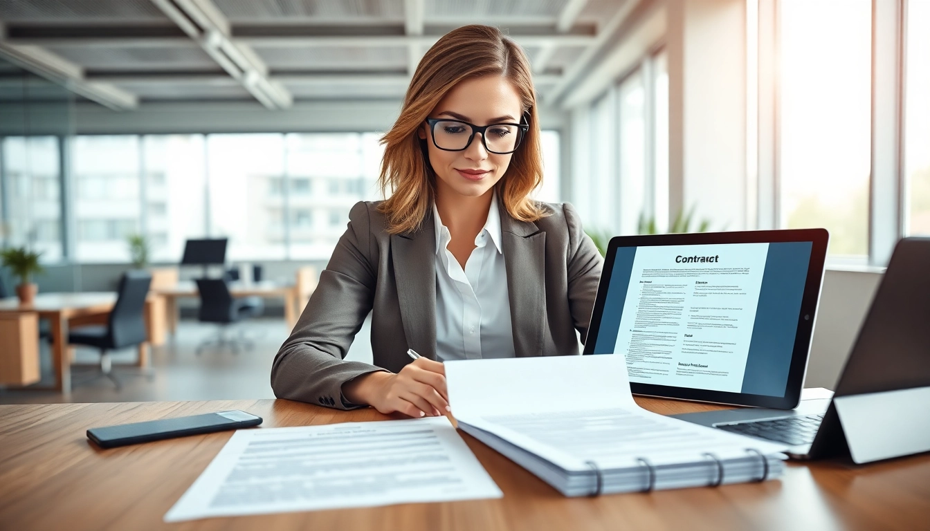 Streamlined Contract Management process illustrated with a focused businesswoman at her desk.