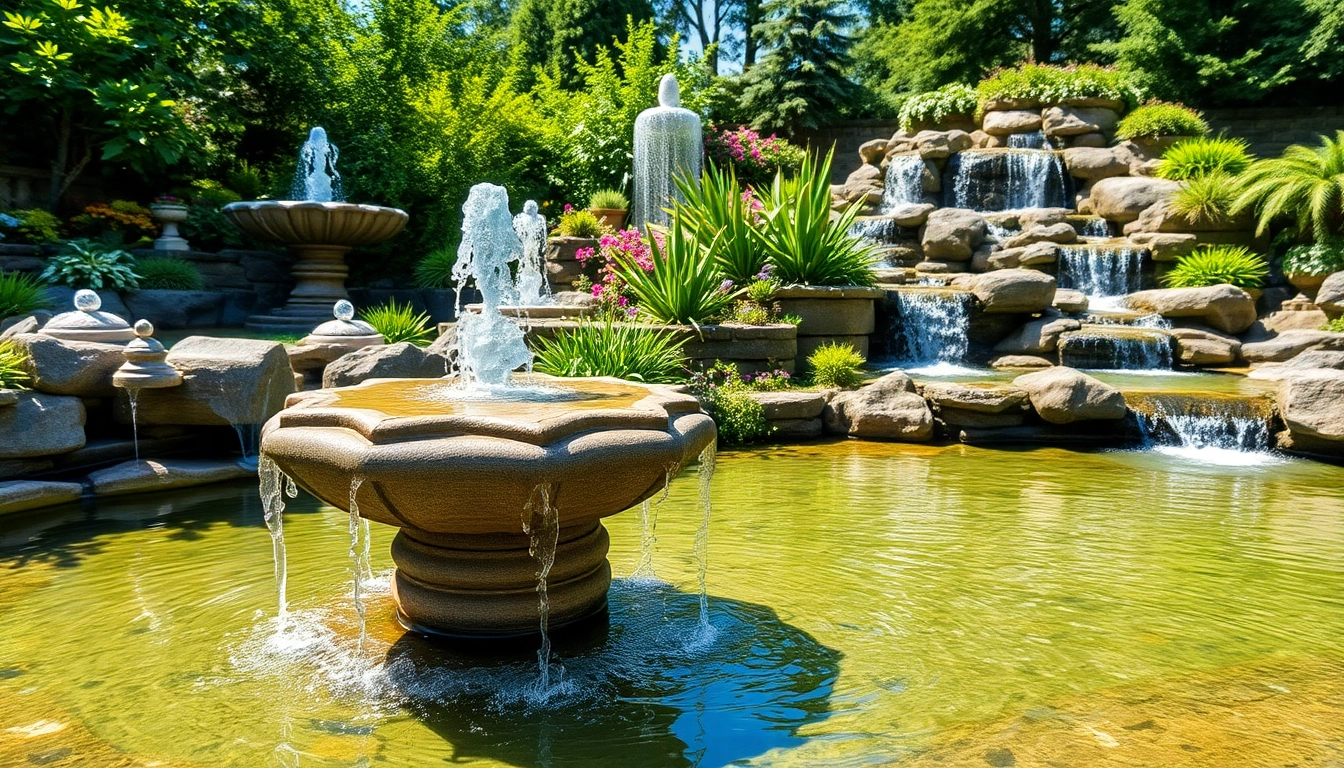 Elegant water features enhancing a tranquil garden landscape with fountains and lush plants.