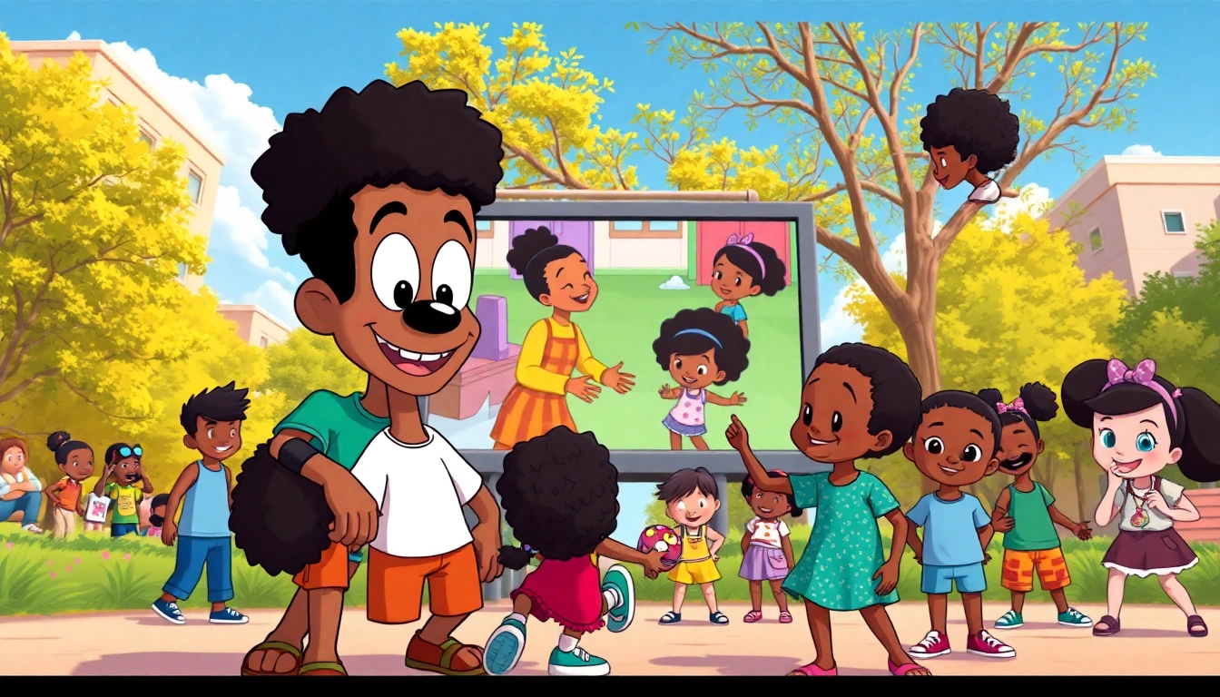 Diverse children enjoying iconic African American cartoons in a sunny park.