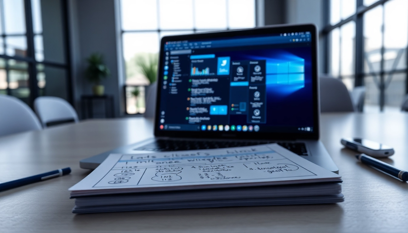 Poradnik technologiczny w nowoczesnym biurze, z laptopem prezentującym nowinki technologiczne.