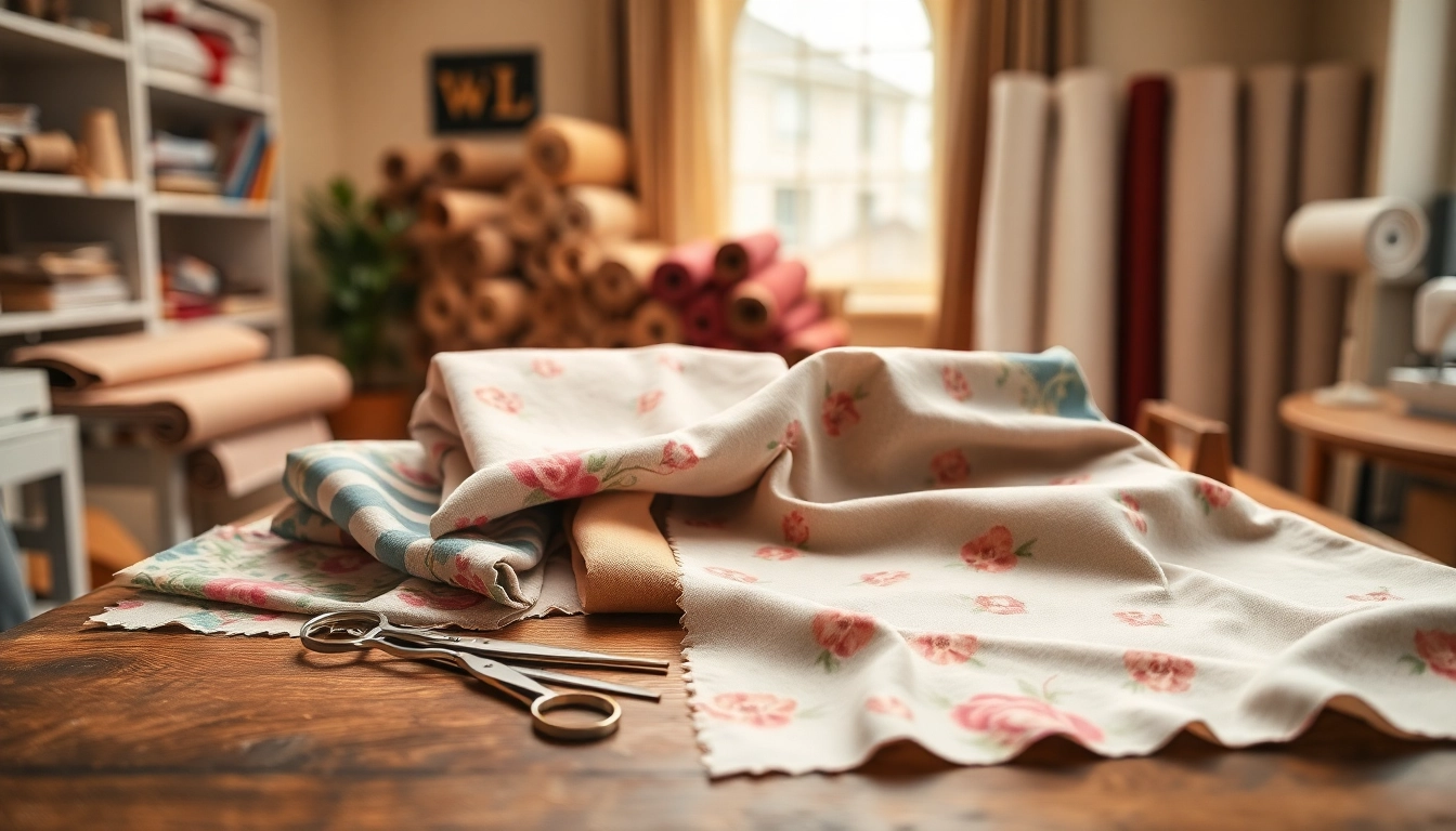 Vibrant stof voor blouse op een elegante naai tafel, vol met accessoires.